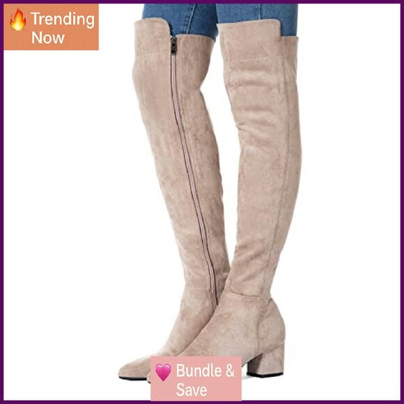 Women's Suede Over Knee Boots Low Block Heel Square Toe Winter Comfort - Picture 3 of 8